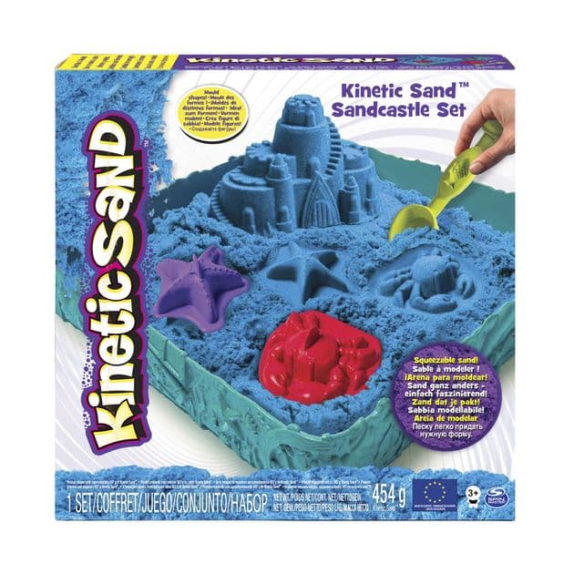 Фото2 Набор песка для детского творчества - KINETIC SAND ЗАМОК ИЗ ПЕСКА (голубой, 454 г, формочки, лоток) Каталог