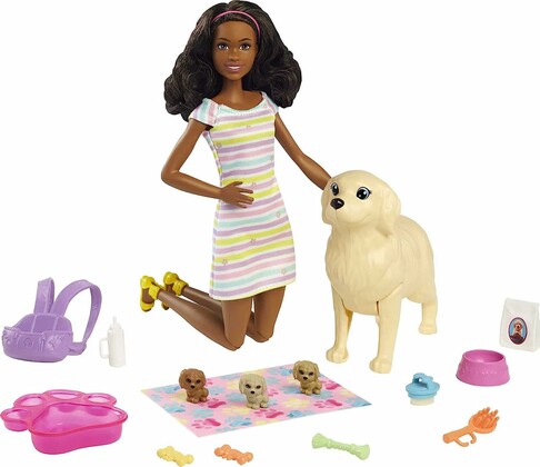 Barbie Brunette Doll with Mommy Dog and Newborn Puppies