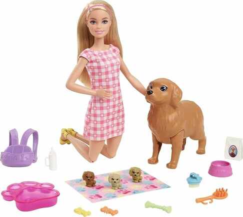 Barbie Doll with Mommy Dog and Newborn Puppies 