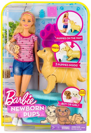 Игровой набор кукла Барби блондинка с собакой и новорожденными щенками Barbie Newborn Pups Doll & Pets FDD43 фото 1
