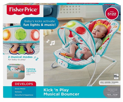 Детский музыкальный шезлонг кресло-качалка Ударяй и играй Fisher-Price Fun 'n Fold Bouncer FFX45 изображение 3